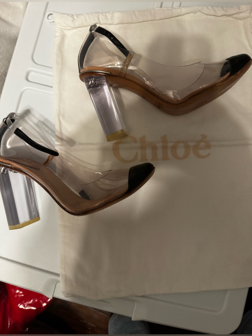 Chloé Clear PVC Block Heels with Brown Trim and Black Toe